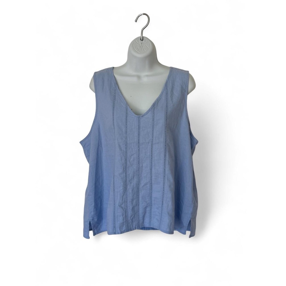 Joie Womens XL Blue 100% Linen  V-Neck Ladder Lace Crochet Sleeveless Tank Top